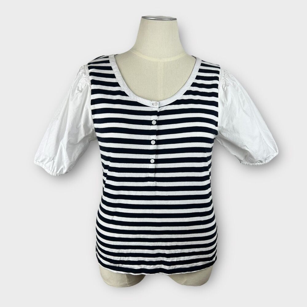 Talbots XL Blue White Stripe Cotton Short Balloon Sleeve Blouse Top‎ Preppy